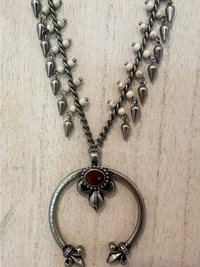 Silver-Tone White Bead Crescent Pendant Necklace w/ Burgundy Stone